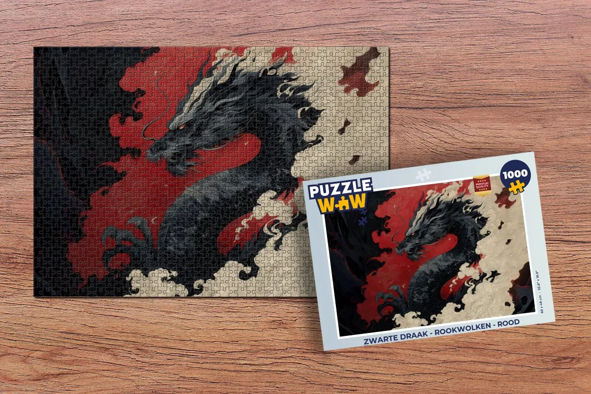 PuzzleWow Zwarte Draak Legpuzzel 1000 Stuks - Rookwolken/Rood