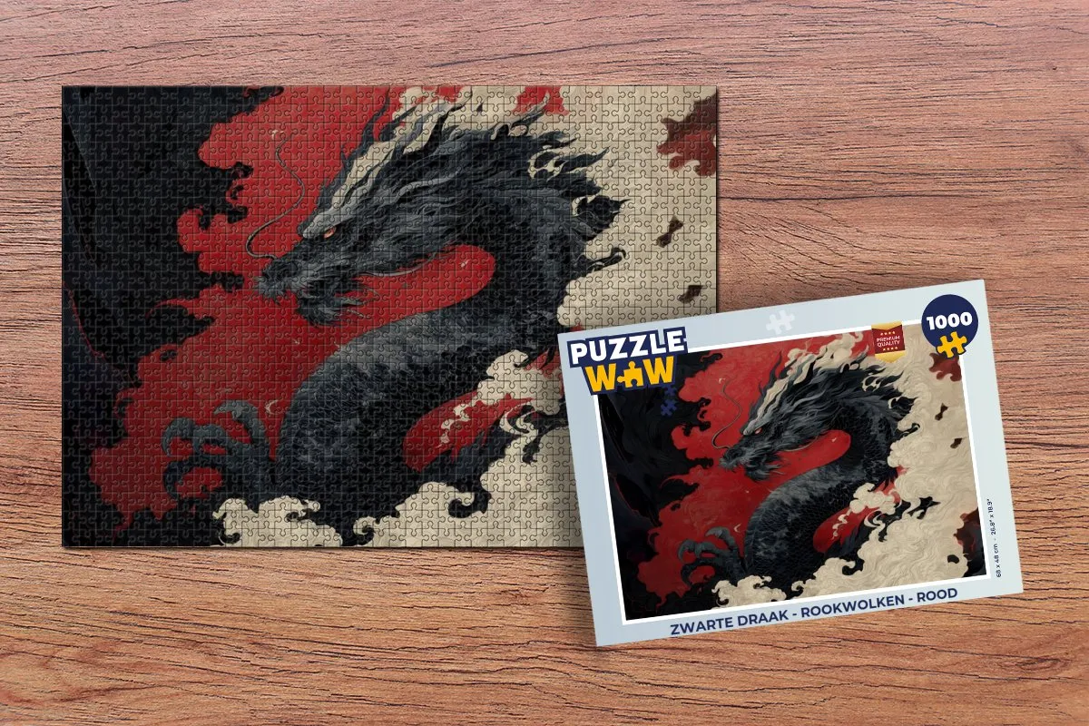 PuzzleWow Zwarte Draak Legpuzzel 1000 Stuks - Rookwolken/Rood