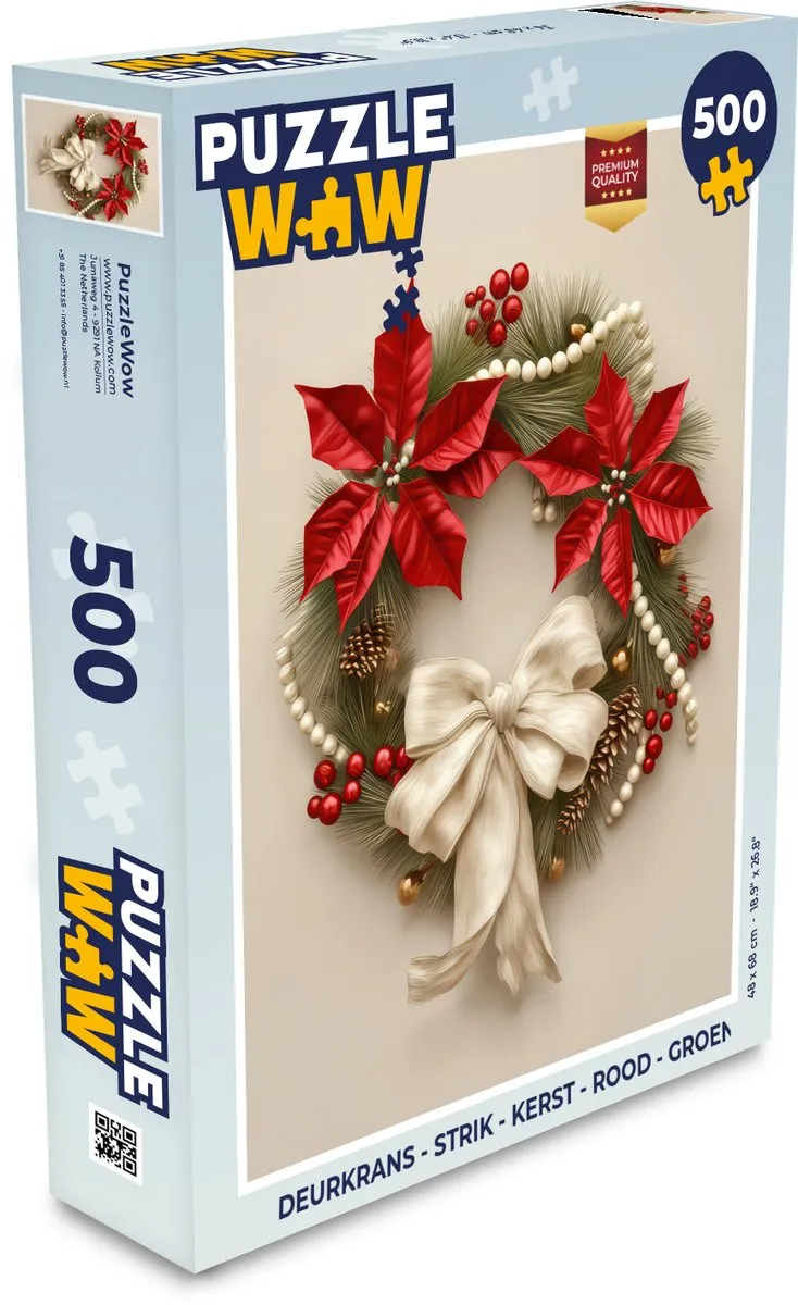 PuzzleWow Kerstdeurkrans Strik 500 Stuks - Rood/ Groen