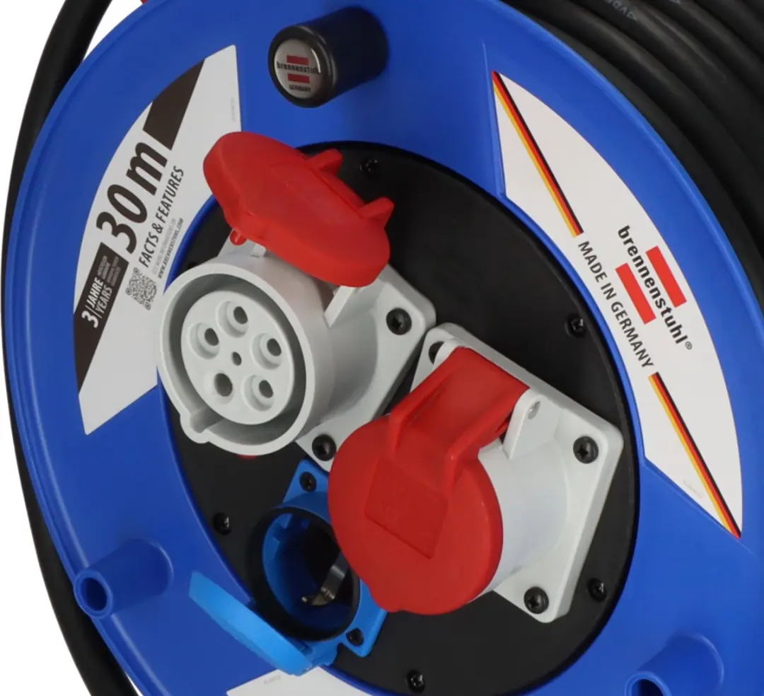 Brennenstuhl 1238010 Kabelhaspel 30m - 3 Stopcontacten - 3000W - Zwart/Blauw/Rood