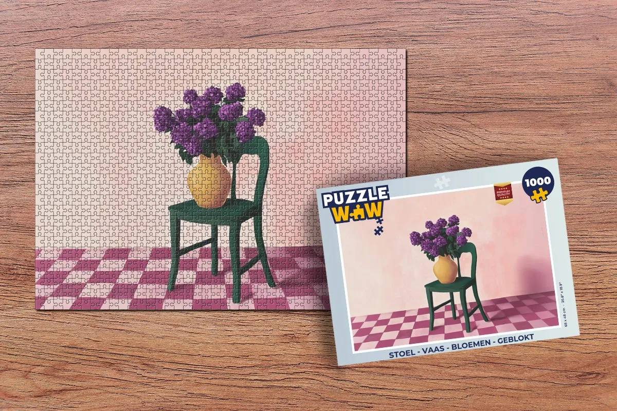 PuzzleWow Geblokte Stoel-Vaas-Bloemen Legpuzzel 1000 Stuks