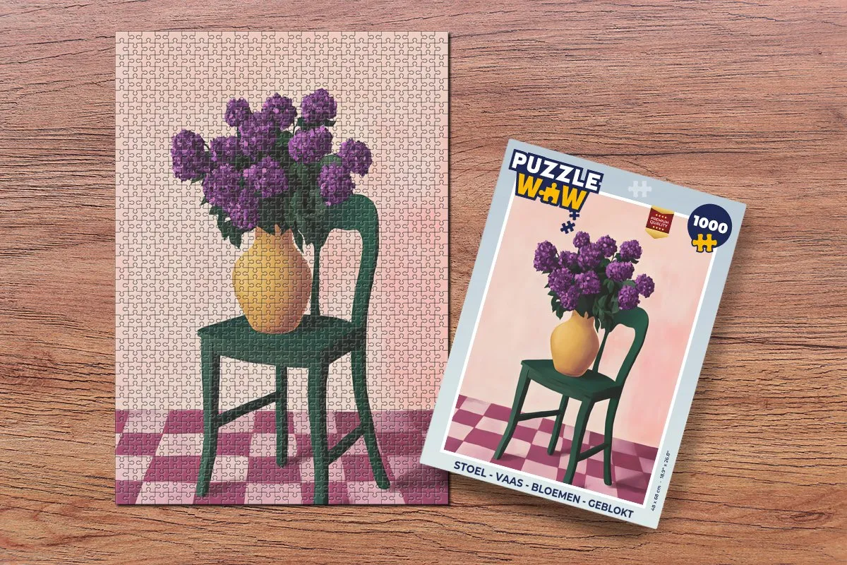 PuzzleWow Geblokte Stoel-Vaas-Bloemen Legpuzzel 1000 Stuks