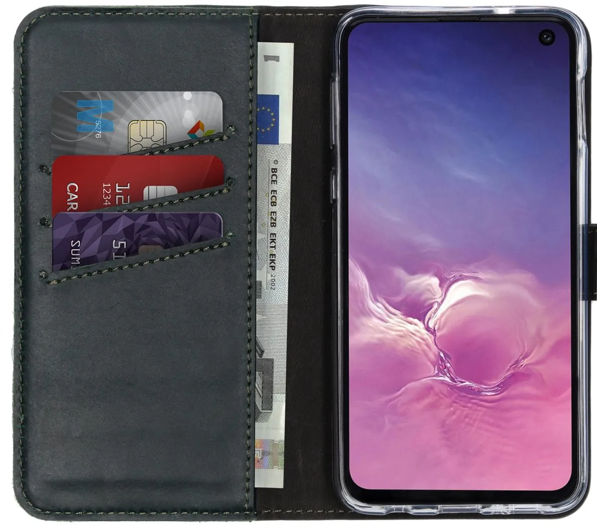 Selencia Hoesje Samsung Galaxy S10e - Groen Lederen Bookcase - 3 Pasjes