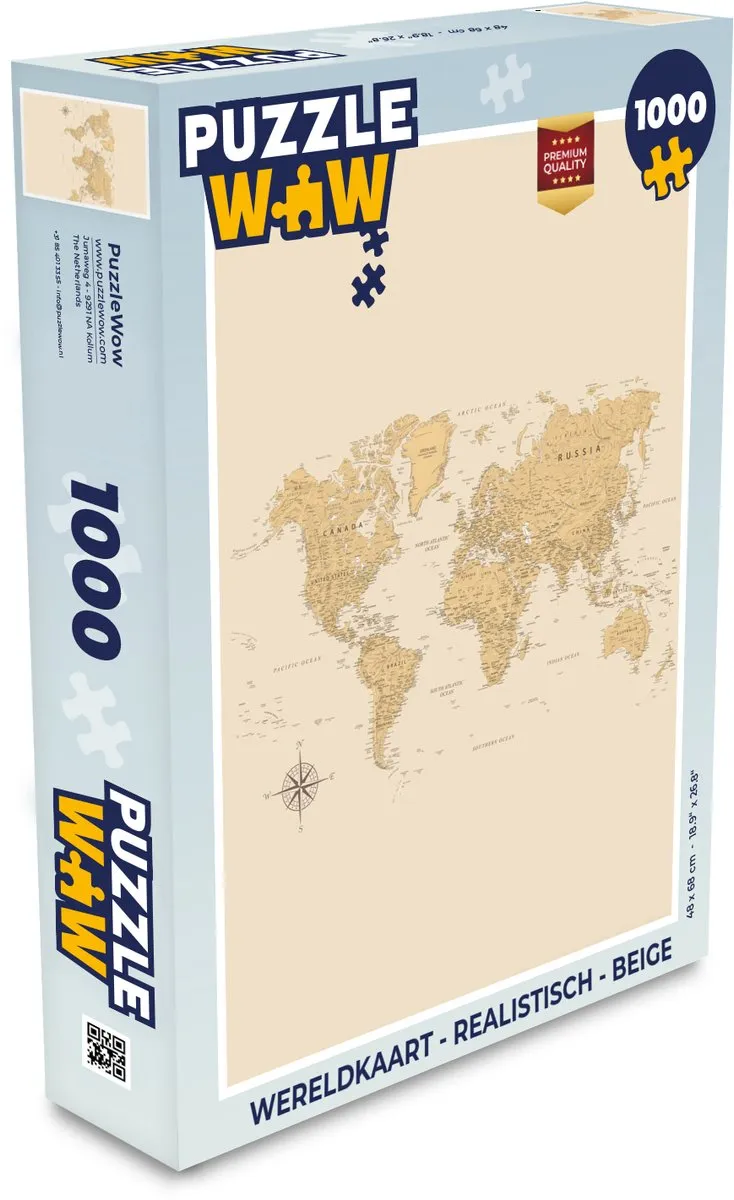 PuzzleWow Wereldkaart Legpuzzel 1000 Stuks - Beige