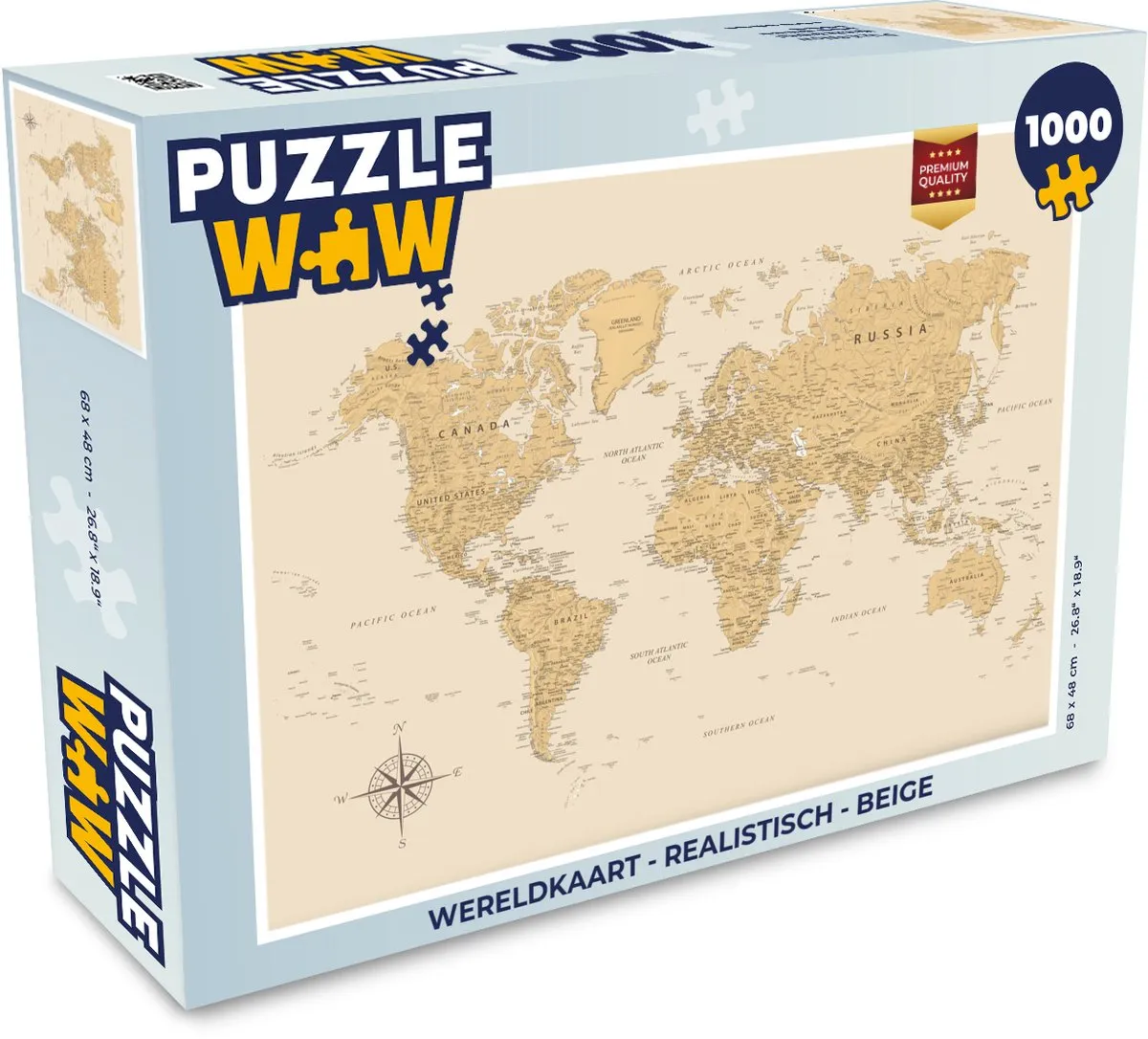 PuzzleWow Wereldkaart Legpuzzel 1000 Stuks - Beige
