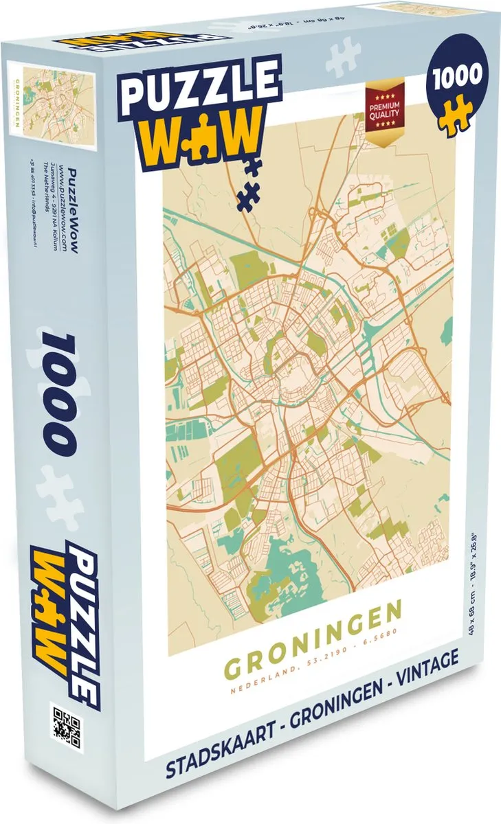 PuzzleWow Stadskaart Groningen Vintage Legpuzzel 1000 Stuks