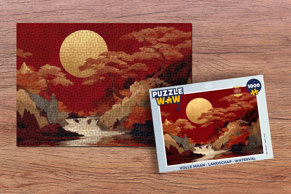 PuzzleWow Volle Maan Landschap Waterval Legpuzzel 1000 Stuks - Maan
