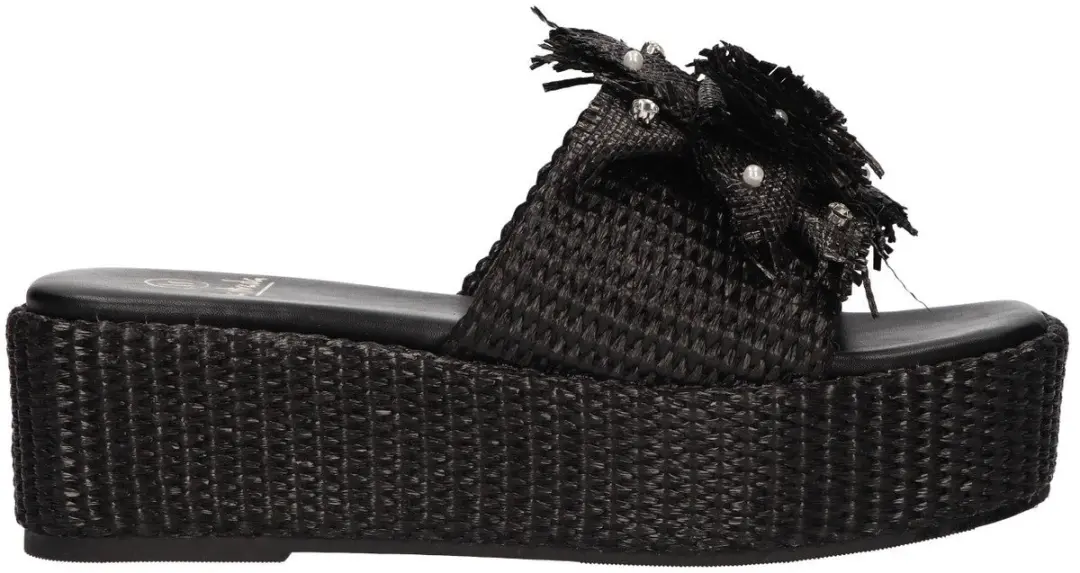 La Strada Platform Sandaal Zwart Raffia