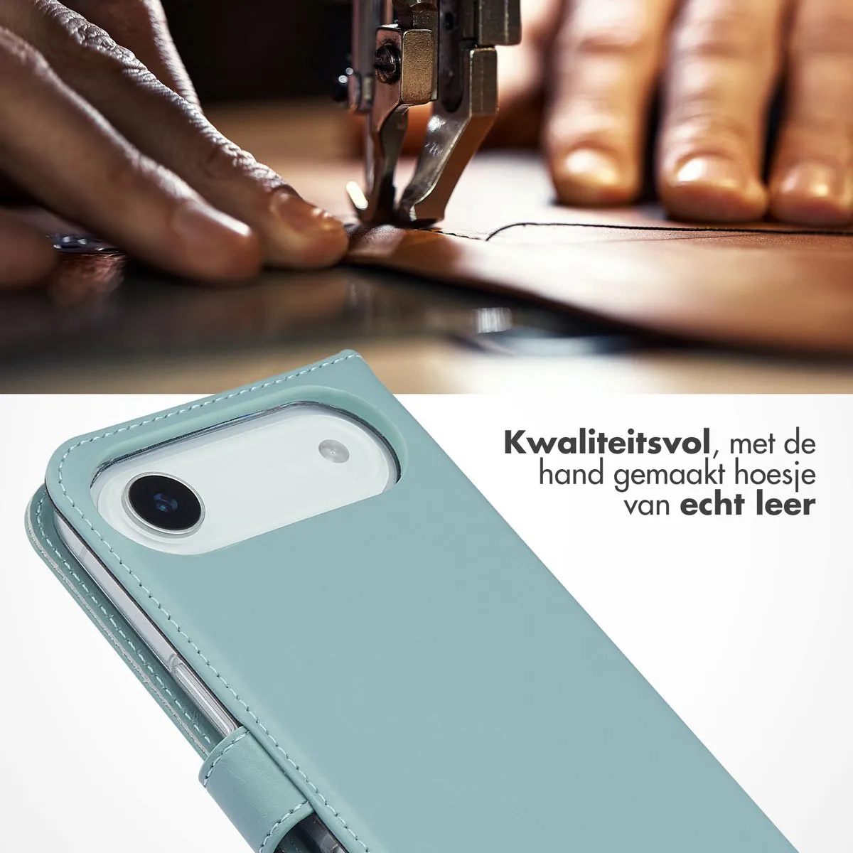 Selencia Hoesje iPhone 17 Air - Echt Lederen Bookcase - Lichtblauw