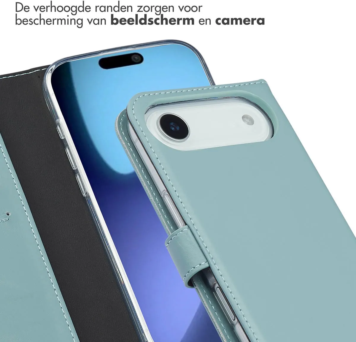 Selencia Hoesje iPhone 17 Air - Echt Lederen Bookcase - Lichtblauw