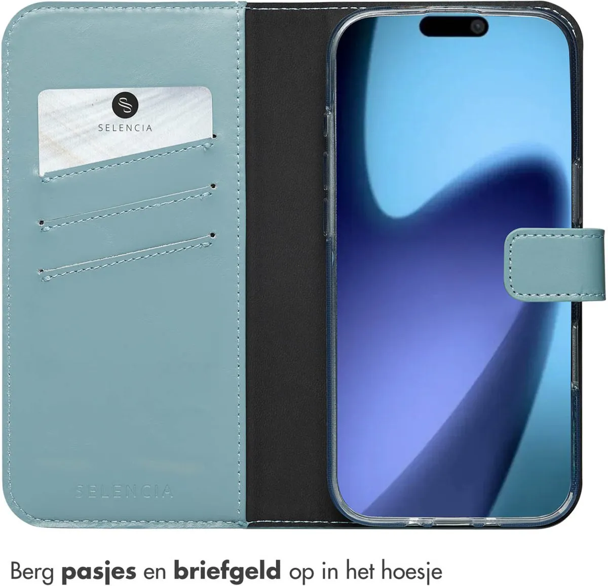 Selencia Hoesje iPhone 17 Air - Echt Lederen Bookcase - Lichtblauw