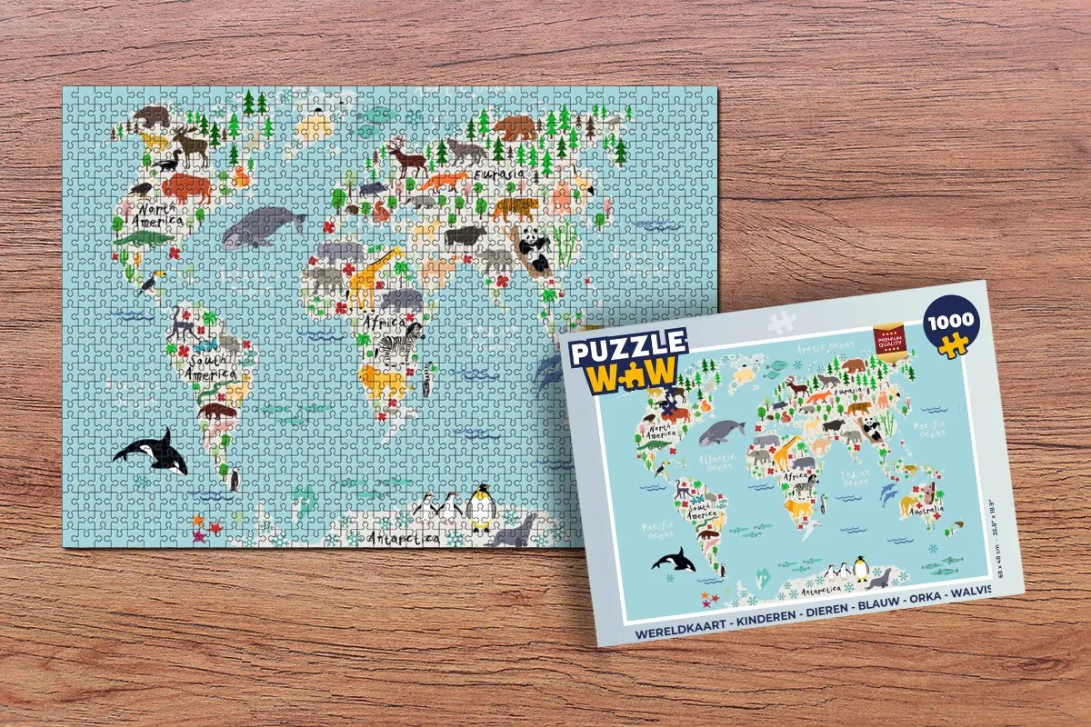 PuzzleWow Wereldkaart Dierenpuzzel 1000 Stuks - Multicolor