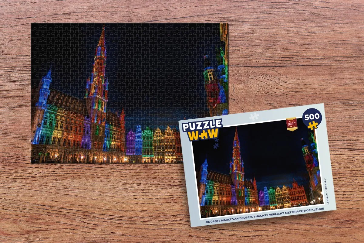 PuzzleWow De Grote Markt van Brussel Verlicht - Legpuzzel 500 Stuks - Multicolor