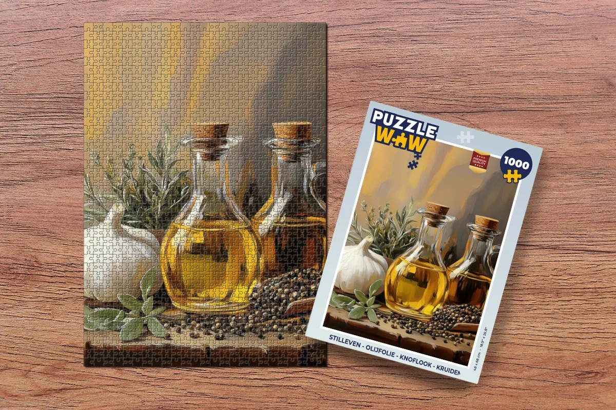 PuzzleWow Stilleven Legpuzzel 1000 Stuks - Olijfolie/Knoflook/Kruiden