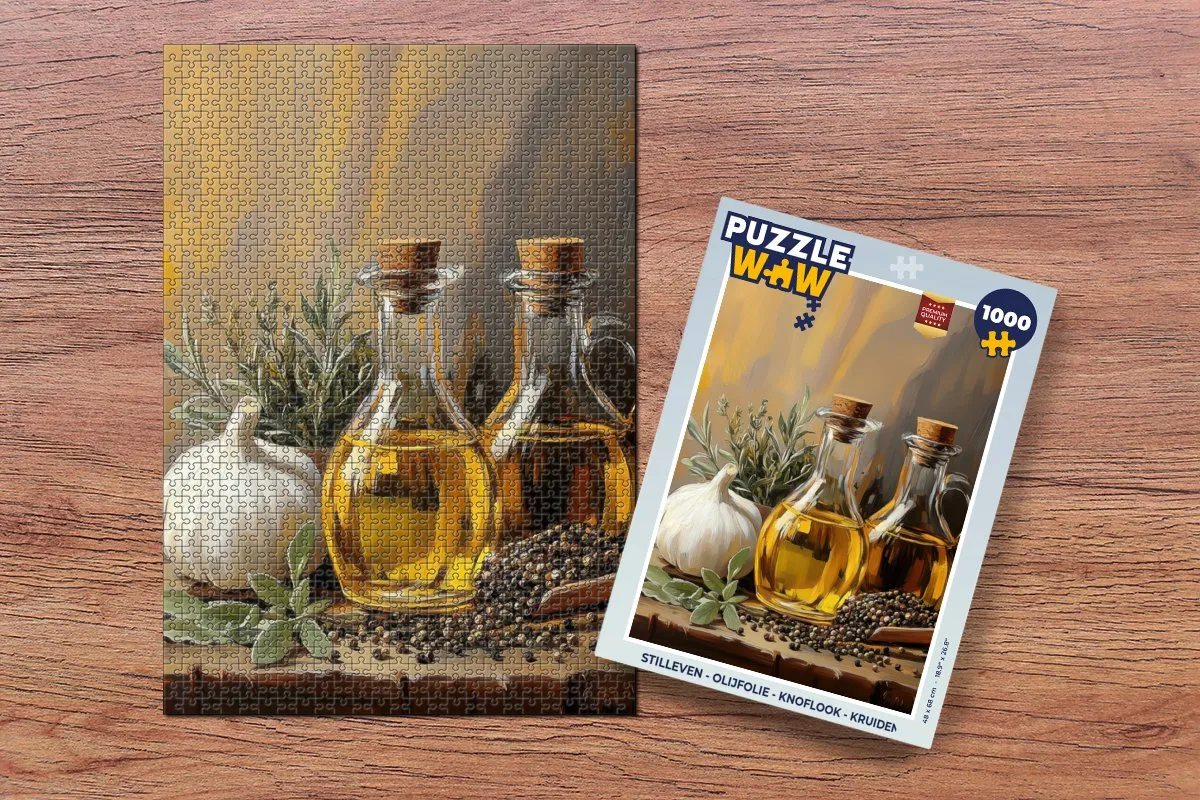 PuzzleWow Stilleven Legpuzzel 1000 Stuks - Olijfolie/Knoflook/Kruiden