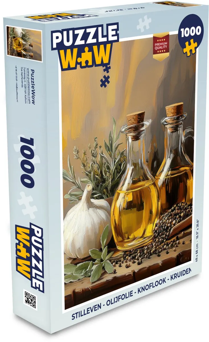 PuzzleWow Stilleven Legpuzzel 1000 Stuks - Olijfolie/Knoflook/Kruiden