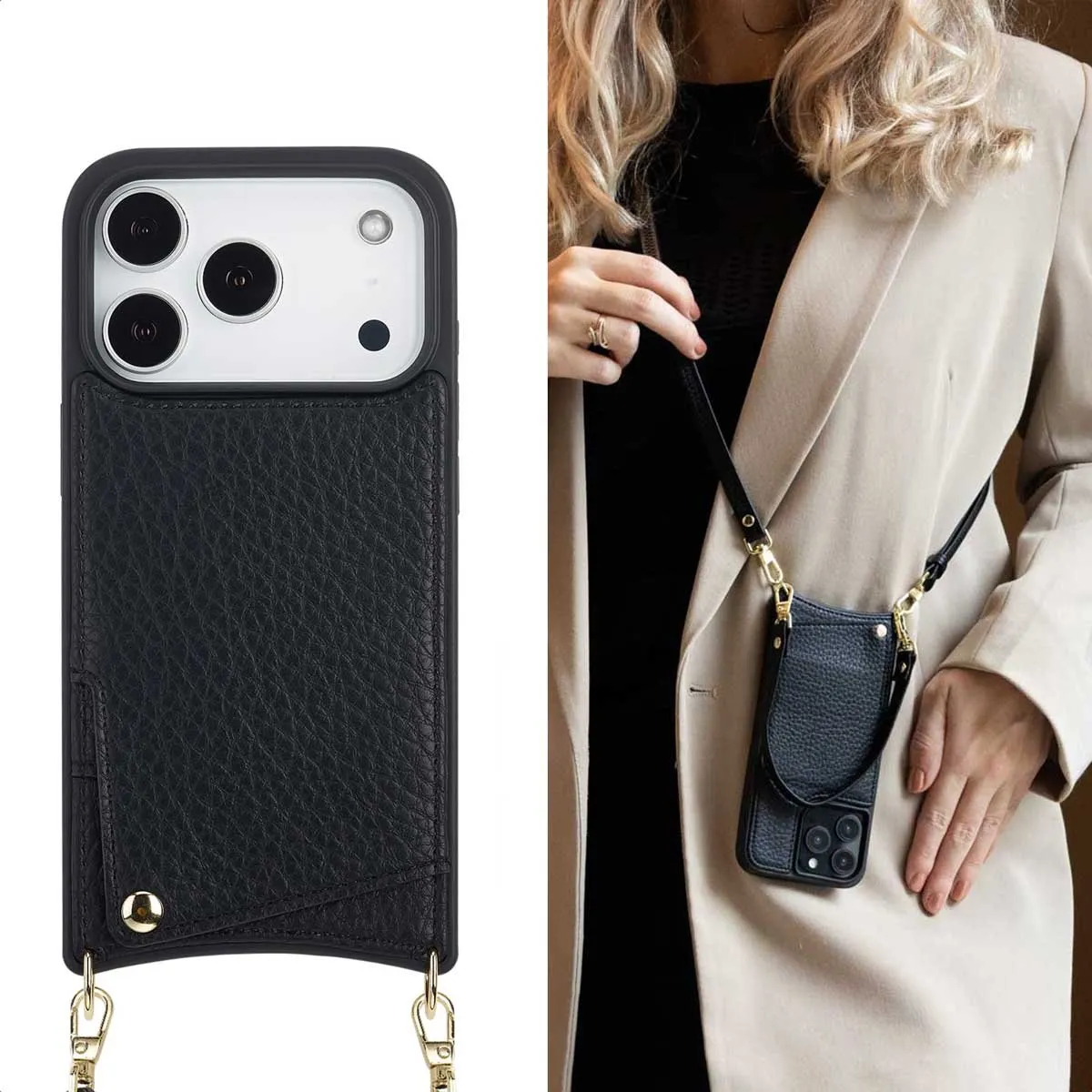 Selencia Hoesje iPhone 17 Pro - Backcover met koord - 2 Pasjes - Zwart