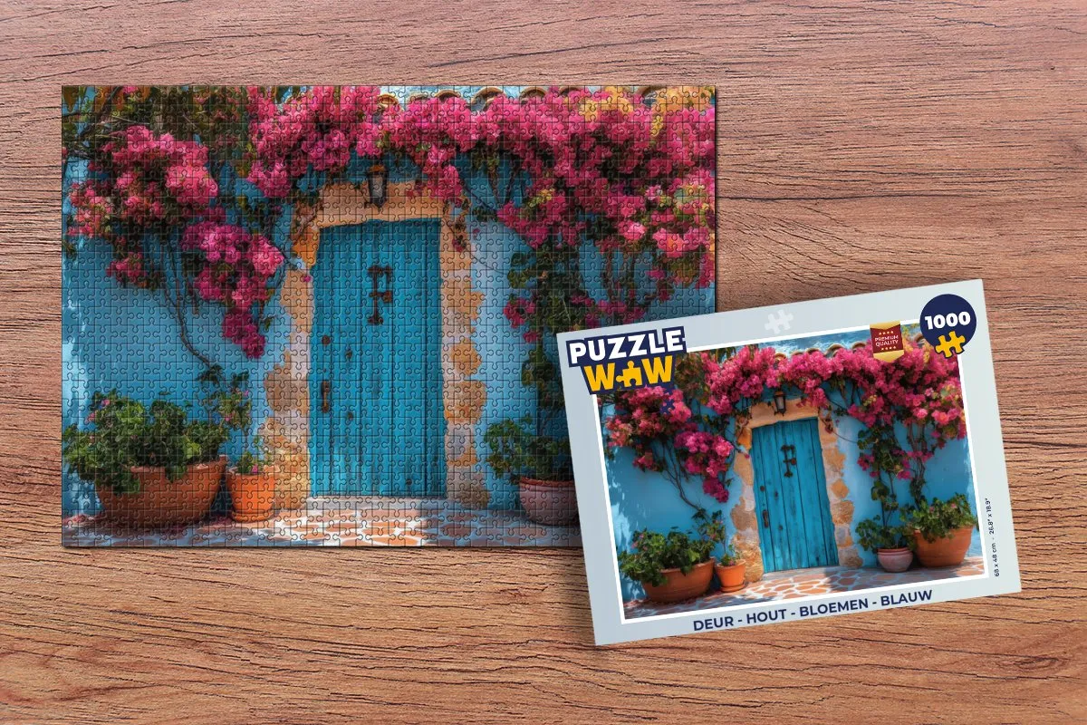 PuzzleWow Deur Bloemen Puzzel 1000 Stuks - Blauw