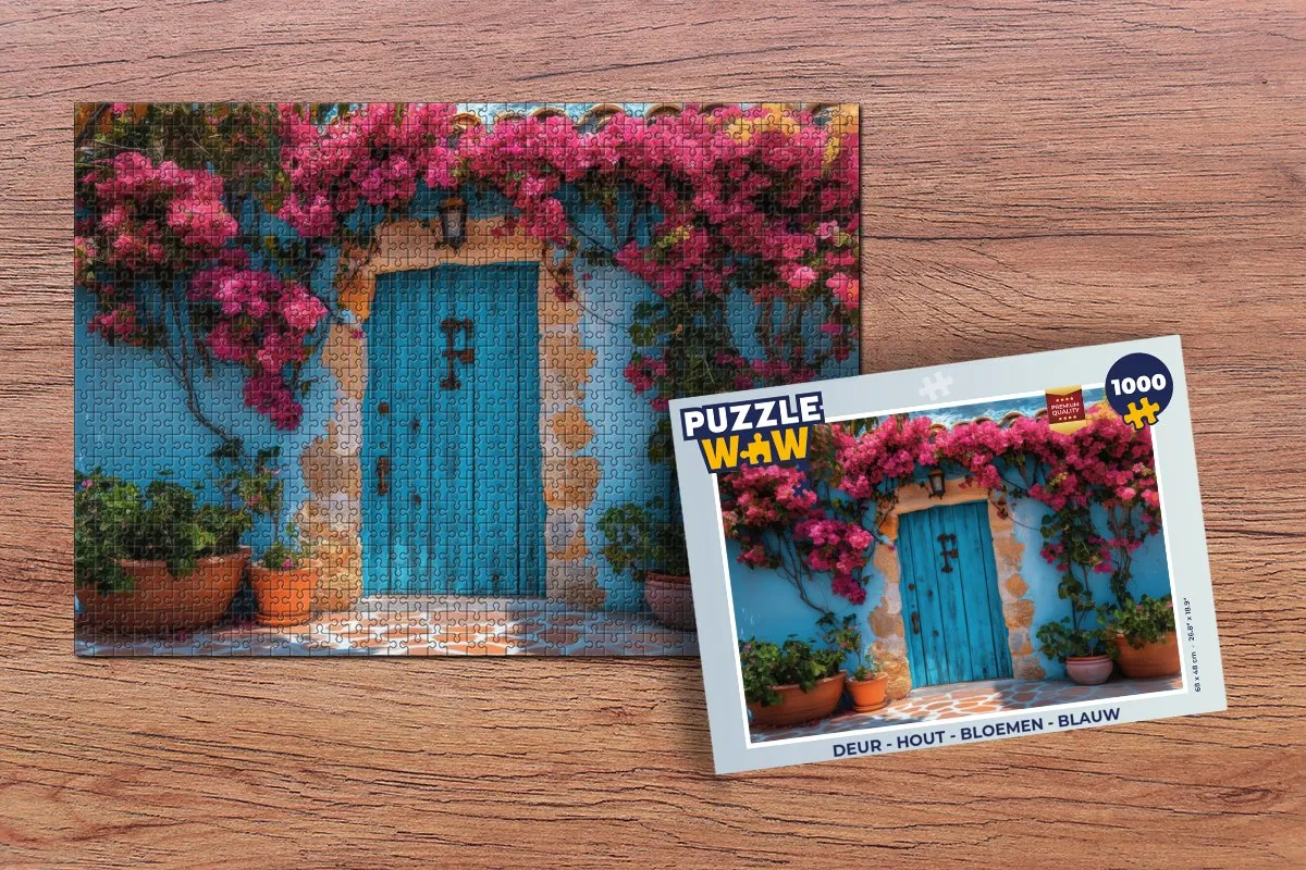 PuzzleWow Deur Bloemen Puzzel 1000 Stuks - Blauw