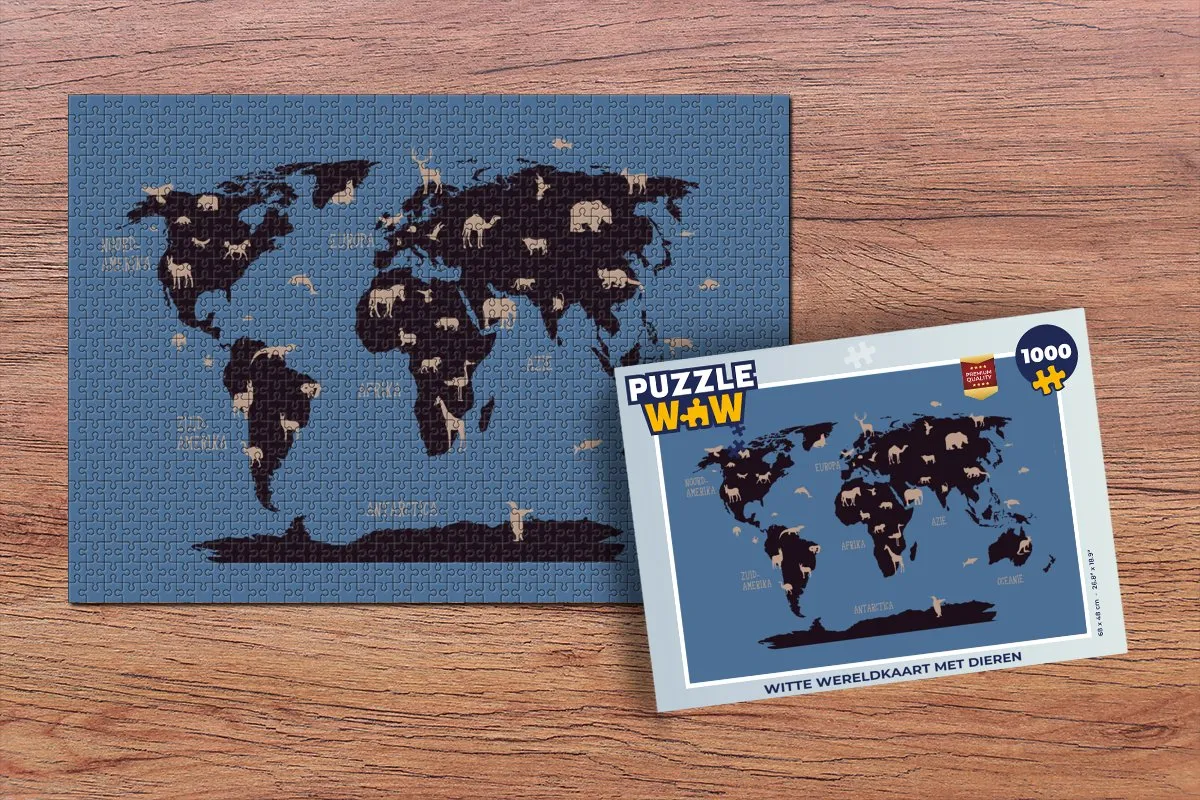PuzzleWow Wereldkaart Dieren Legpuzzel 1000 Stuks - Multicolor