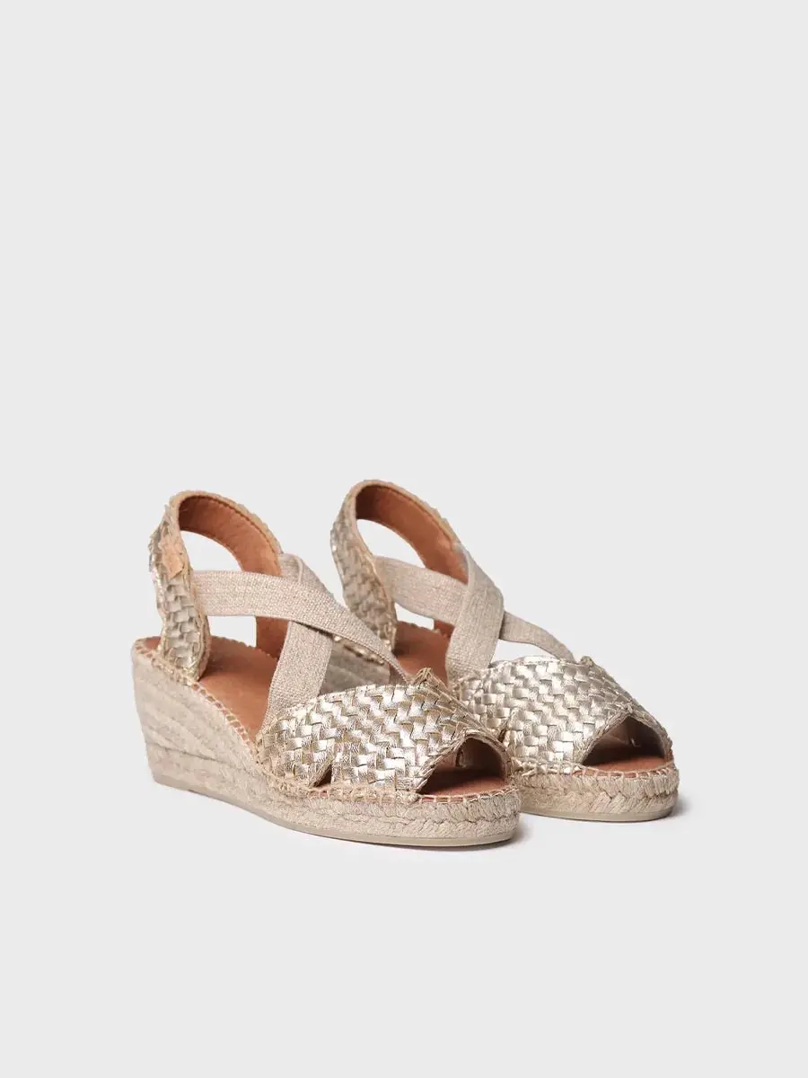 Open espadrille voor dames van gevlochten leer met sleehak