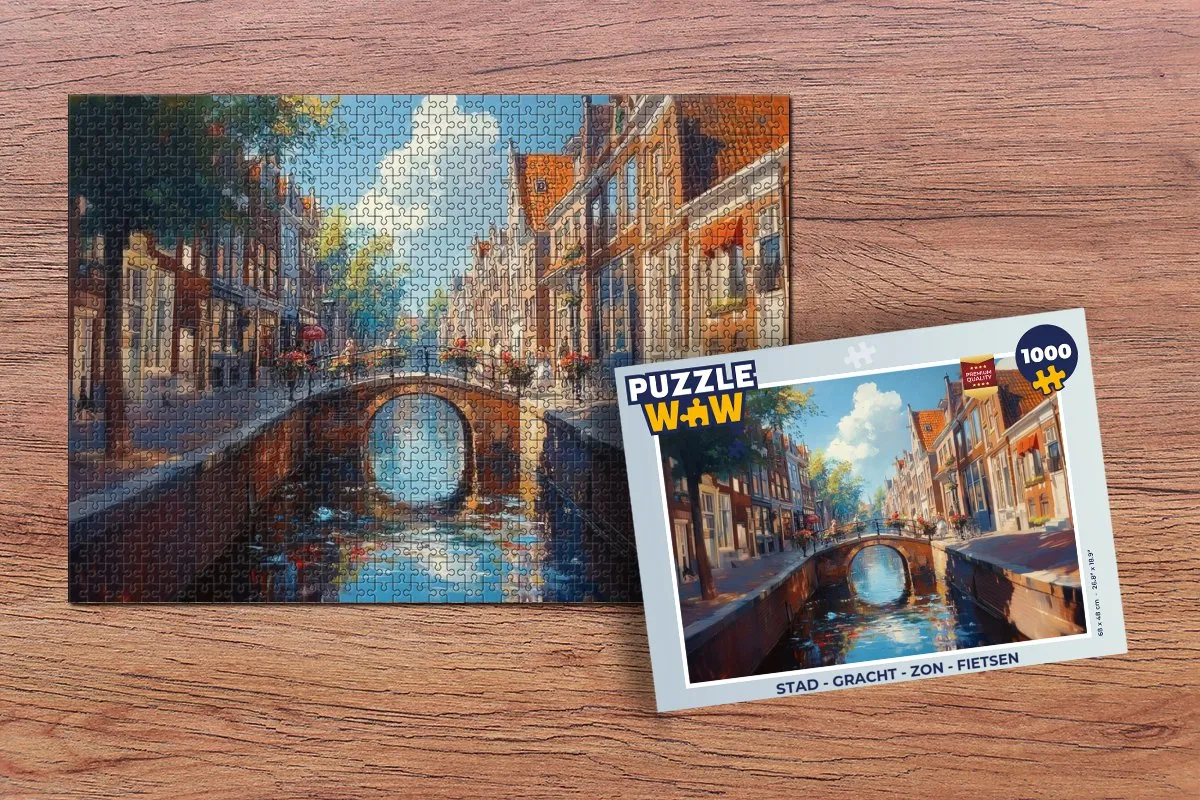 PuzzleWow Gracht & Fietsen Legpuzzel 1000 Stuks - Brug/Huizen