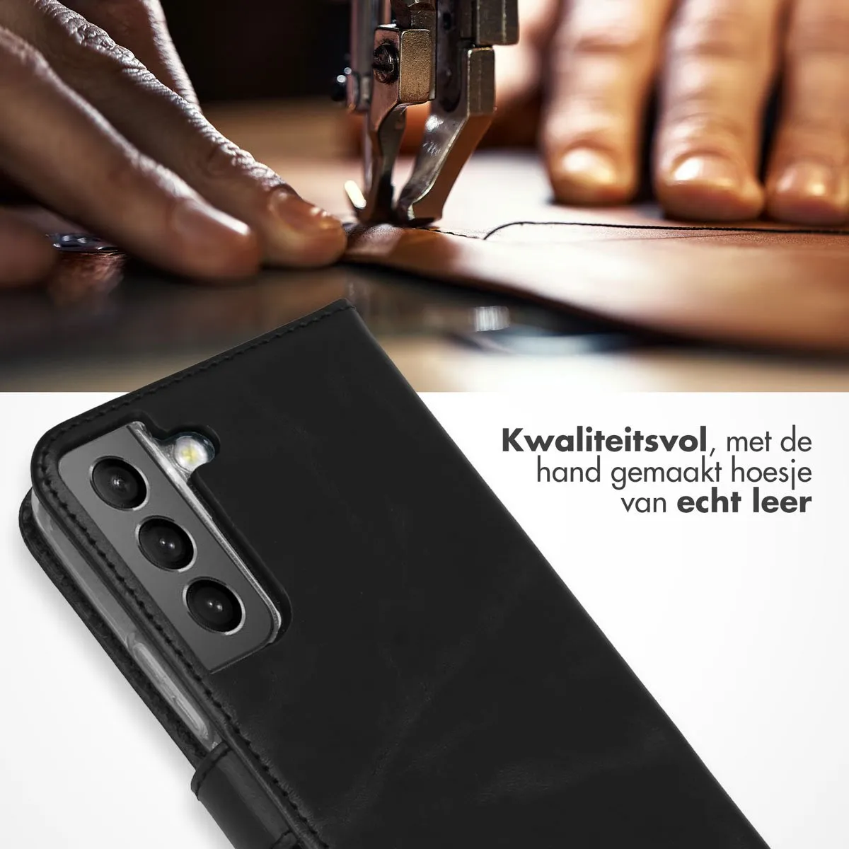 Selencia Hoesje Samsung Galaxy S22 - Echt Lederen Bookcase 3 Stuks - Zwart