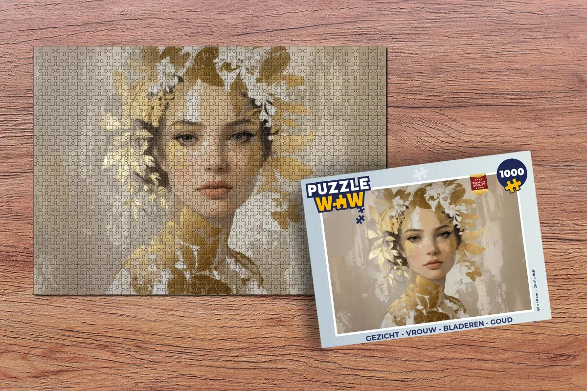 PuzzleWow Legpuzzel 1000 Stuks - Vrouw met Bladeren & Goud