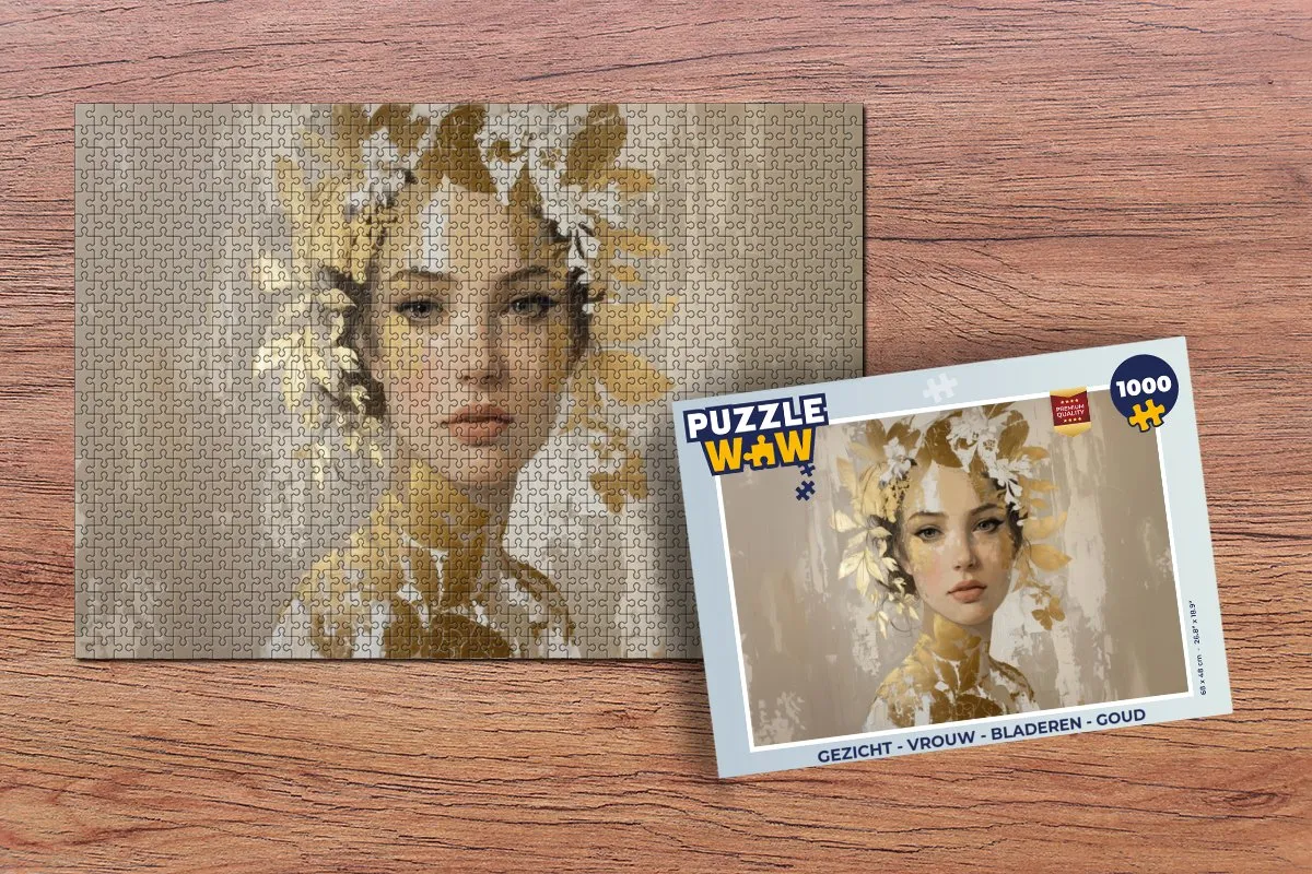 PuzzleWow Legpuzzel 1000 Stuks - Vrouw met Bladeren & Goud