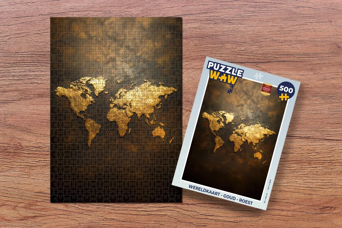 PuzzleWow Wereldkaart Legpuzzel 500 Stuks - Goud/Roest