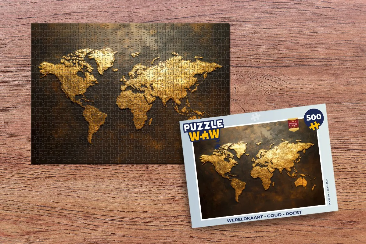 PuzzleWow Wereldkaart Legpuzzel 500 Stuks - Goud/Roest