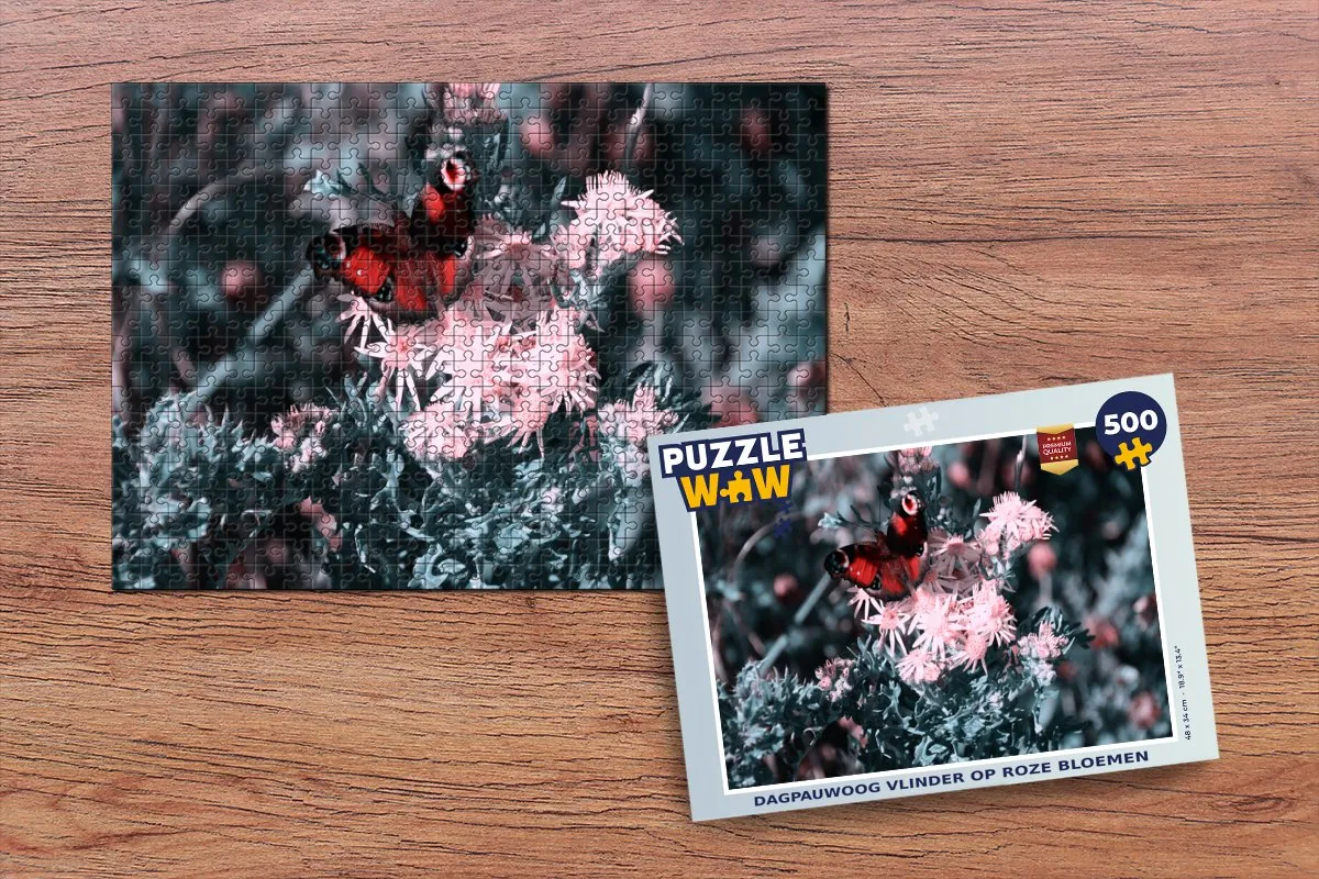 PuzzleWow Dagpauwoog Vlinder Roze Bloemen Legpuzzel 500 Stuks