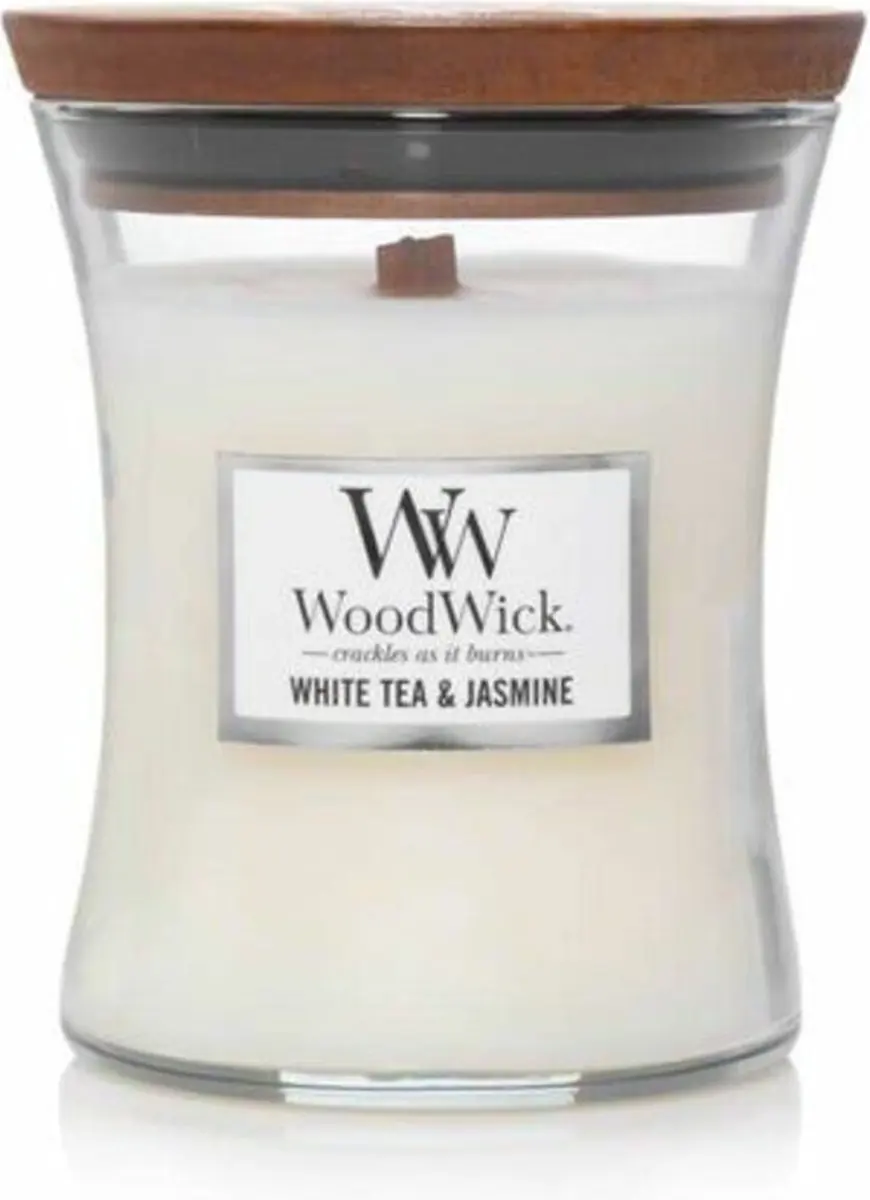 Woodwick Hourglass Geurkaars - White Tea & Jasmine 60 uur - Wit - afbeelding 3 van 4