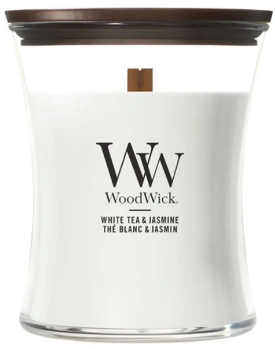Woodwick Hourglass Geurkaars - White Tea & Jasmine 60 uur - Wit - afbeelding 4 van 4