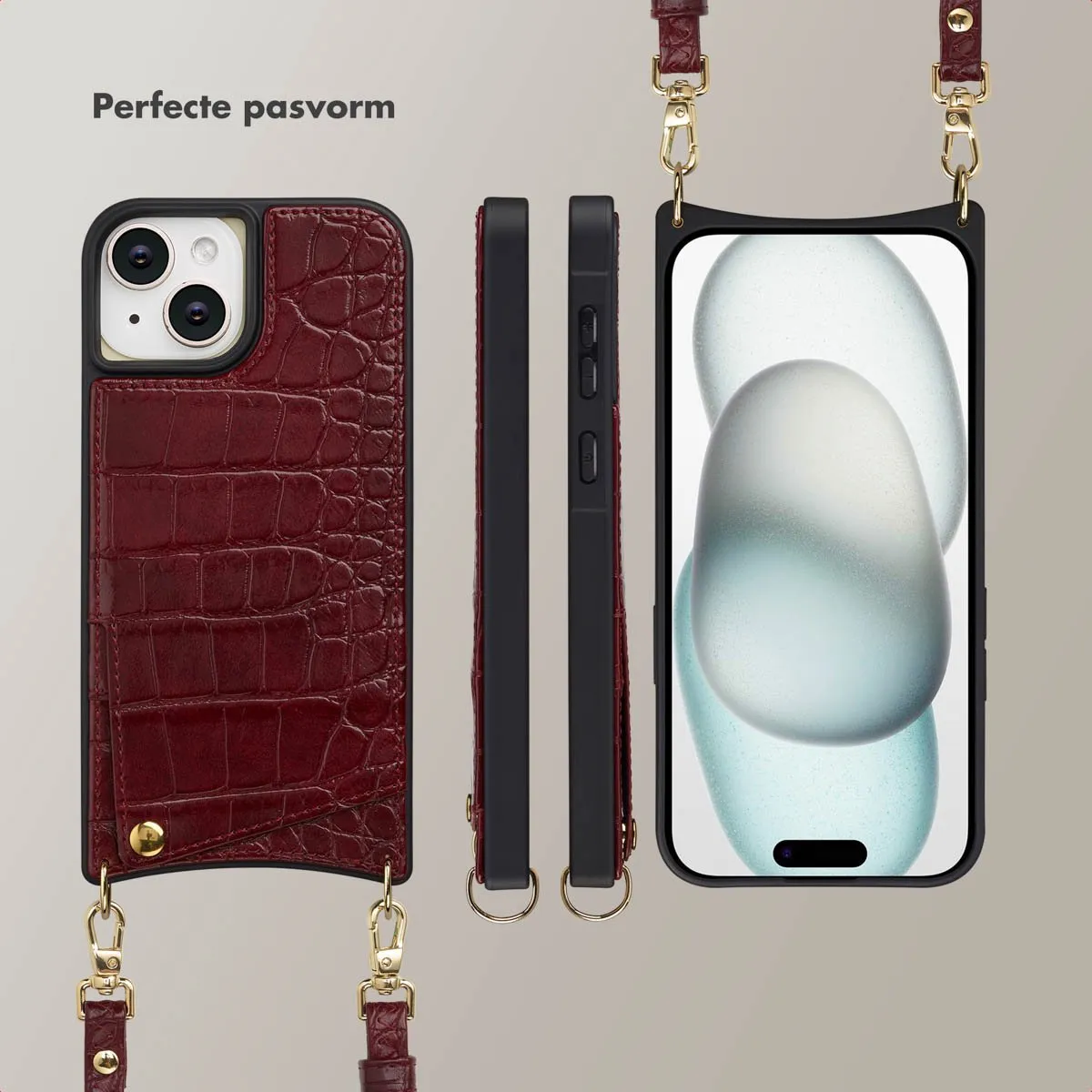 Selencia Hoesje iPhone 15 Croco Burgundy - 2 Pasjes