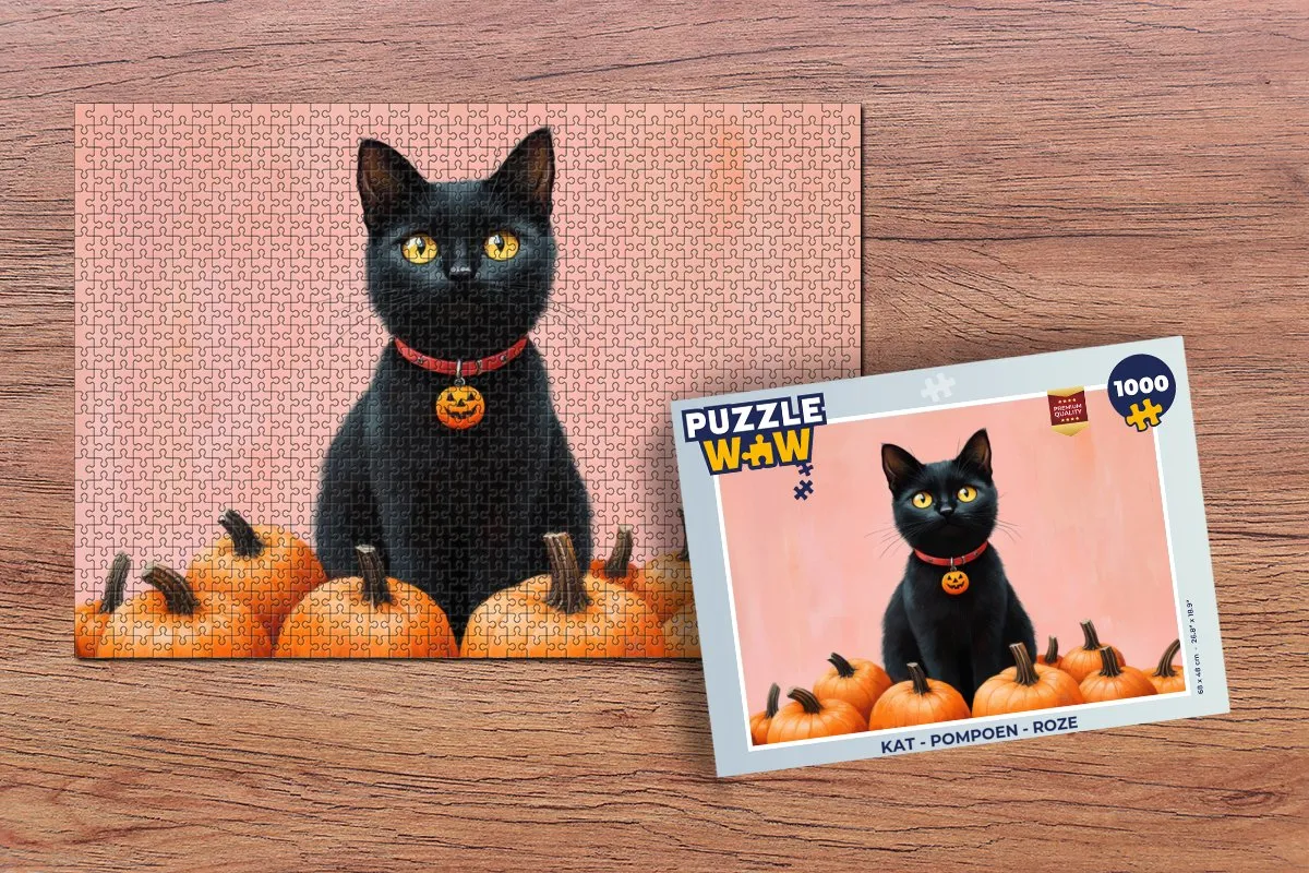 PuzzleWow Legpuzzel Kat Pompoen Roze 1000 Stuks