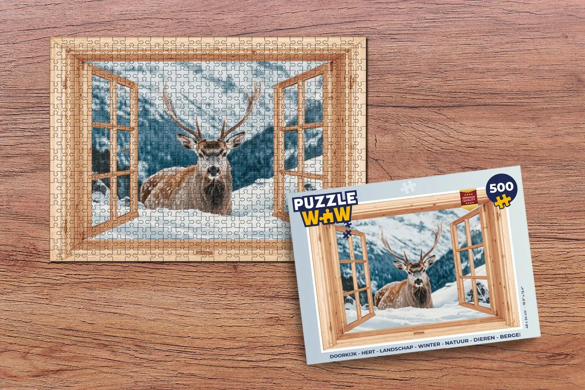 PuzzleWow Doorkijk Hert Landschap Winter Natuur - 500 Stuks
