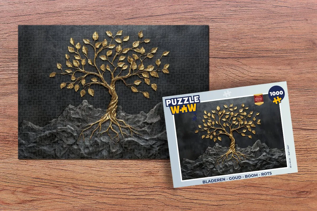 PuzzleWow Legpuzzel 1000 Stuks - Bladeren/Goud/Bloemen/Rots