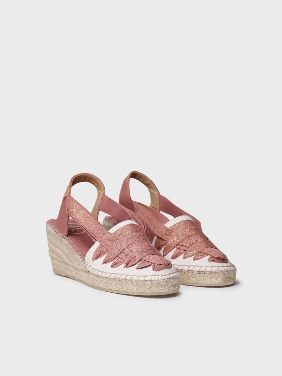 Dames espadrille van ruw katoen met sleehak en linten