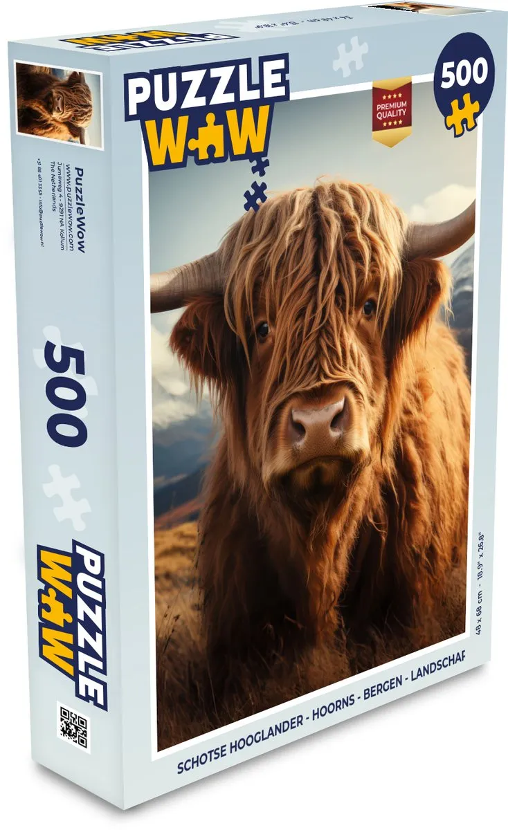 PuzzleWow Schotse Hooglander Hoorns Bergen Landschap Puzzel - 500 Stuks