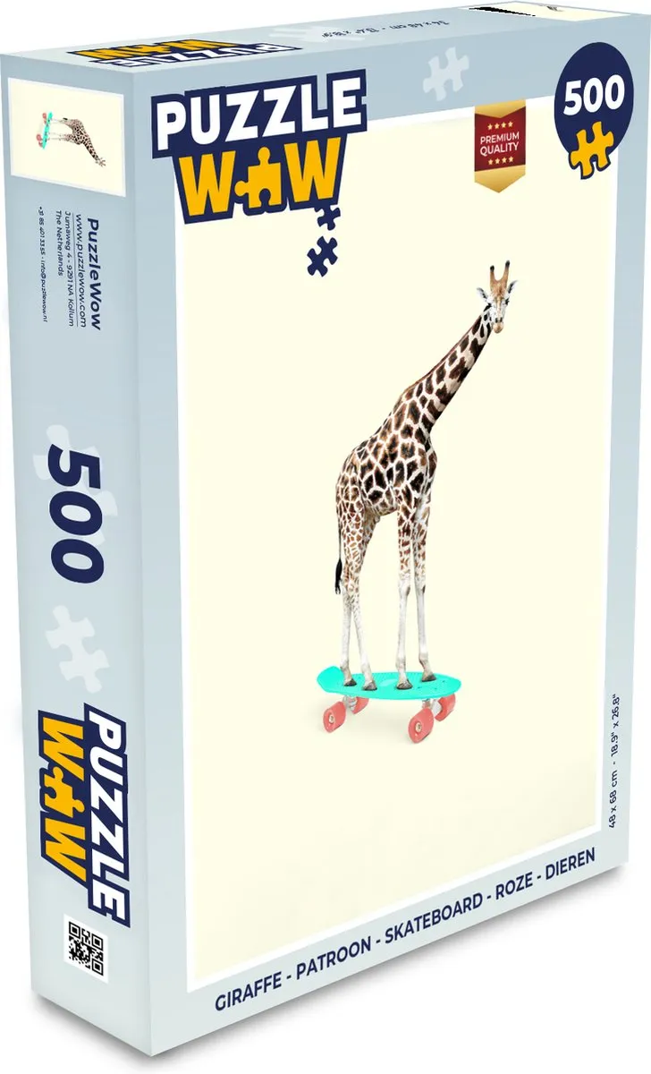PuzzleWow Giraffe Skateboard Puzzel - 500 Stuks - Multicolor