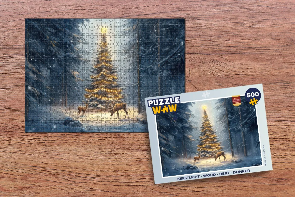 PuzzleWow Kerstlicht Woud Hert Puzzel 500 Stuks - Donker
