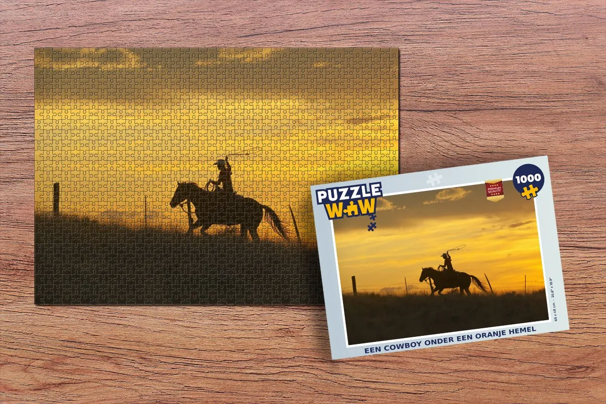 PuzzleWow Legpuzzel Cowboy onder oranje hemel 1000 Stuks - Multicolor