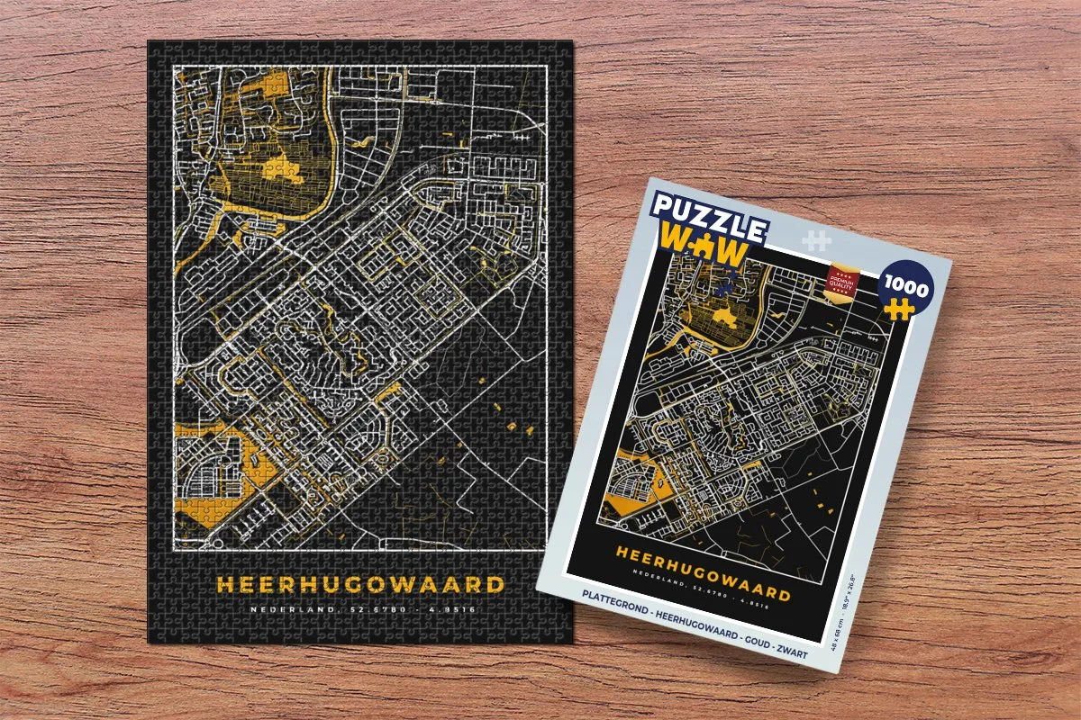 PuzzleWow Plattegrond Heerhugowaard Legpuzzel 1000 Stuks - Goud/Zwart