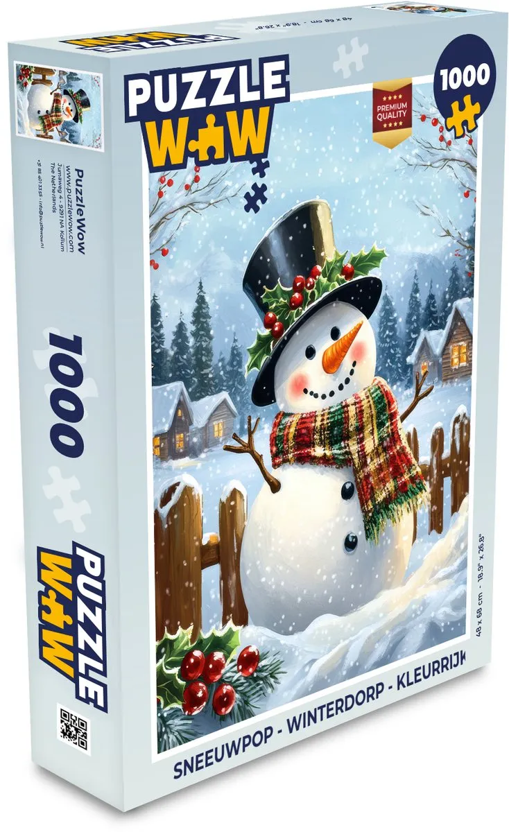 PuzzleWow Sneeuwpop Winterdorp Puzzel - 1000 Stuks - Kleurrijk
