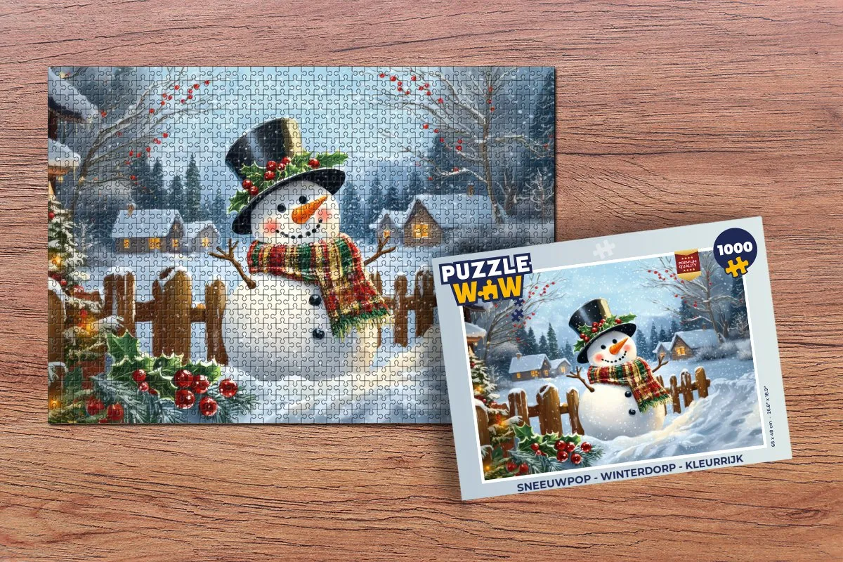 PuzzleWow Sneeuwpop Winterdorp Puzzel - 1000 Stuks - Kleurrijk