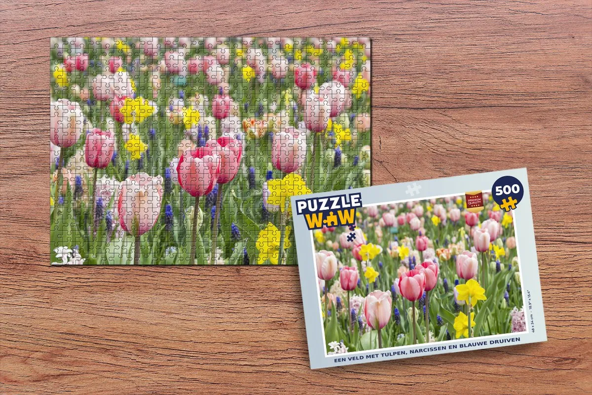 PuzzleWow Legpuzzel Een veld met tulpen narcissen en blauwe druiven 500 Stuks - Multicolor