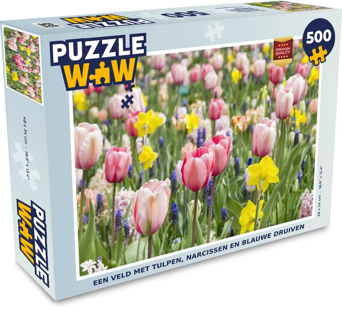 PuzzleWow Legpuzzel Een veld met tulpen narcissen en blauwe druiven 500 Stuks