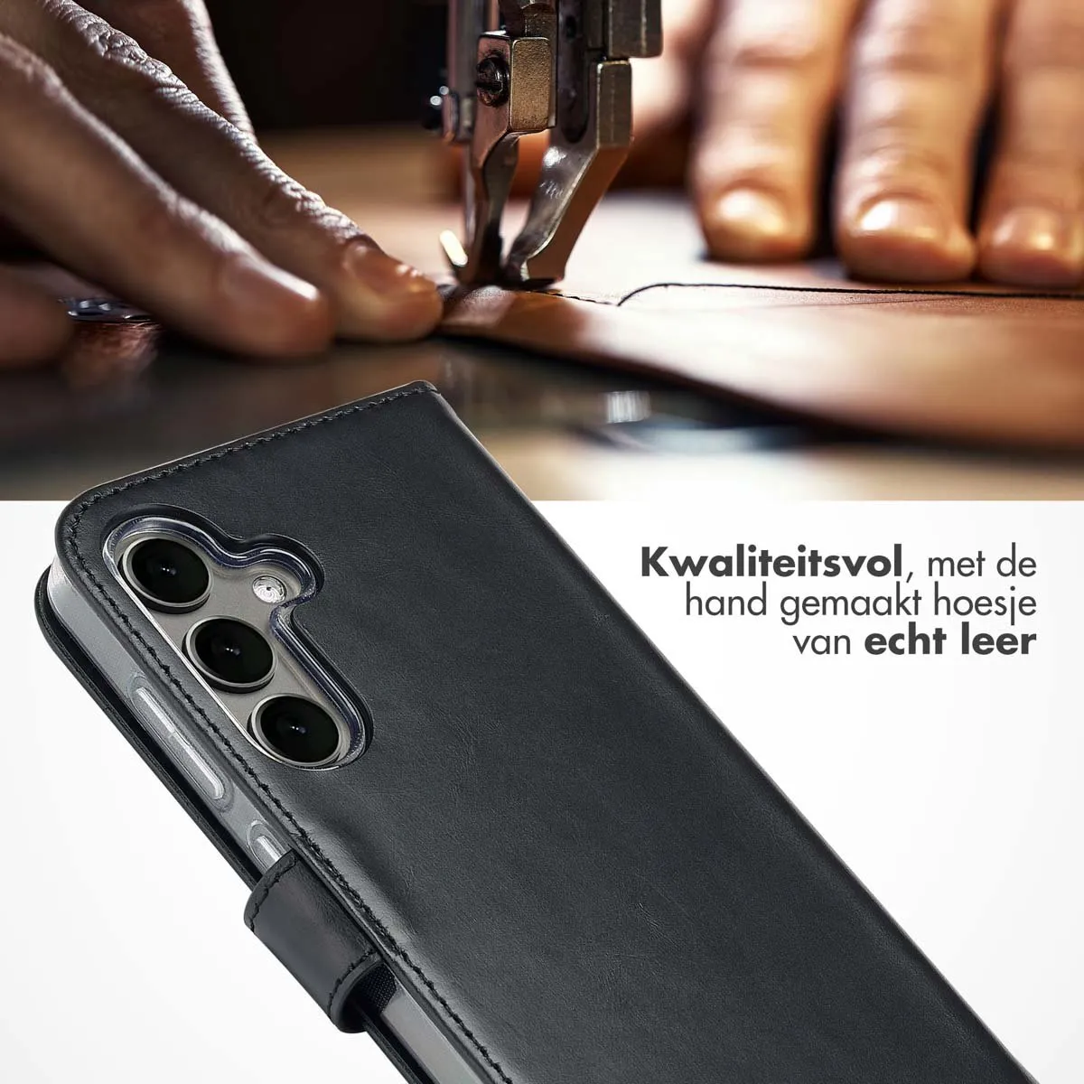 Selencia Hoesje Samsung Galaxy S25 Plus - Echt Lederen Bookcase 3 Stuks - Zwart