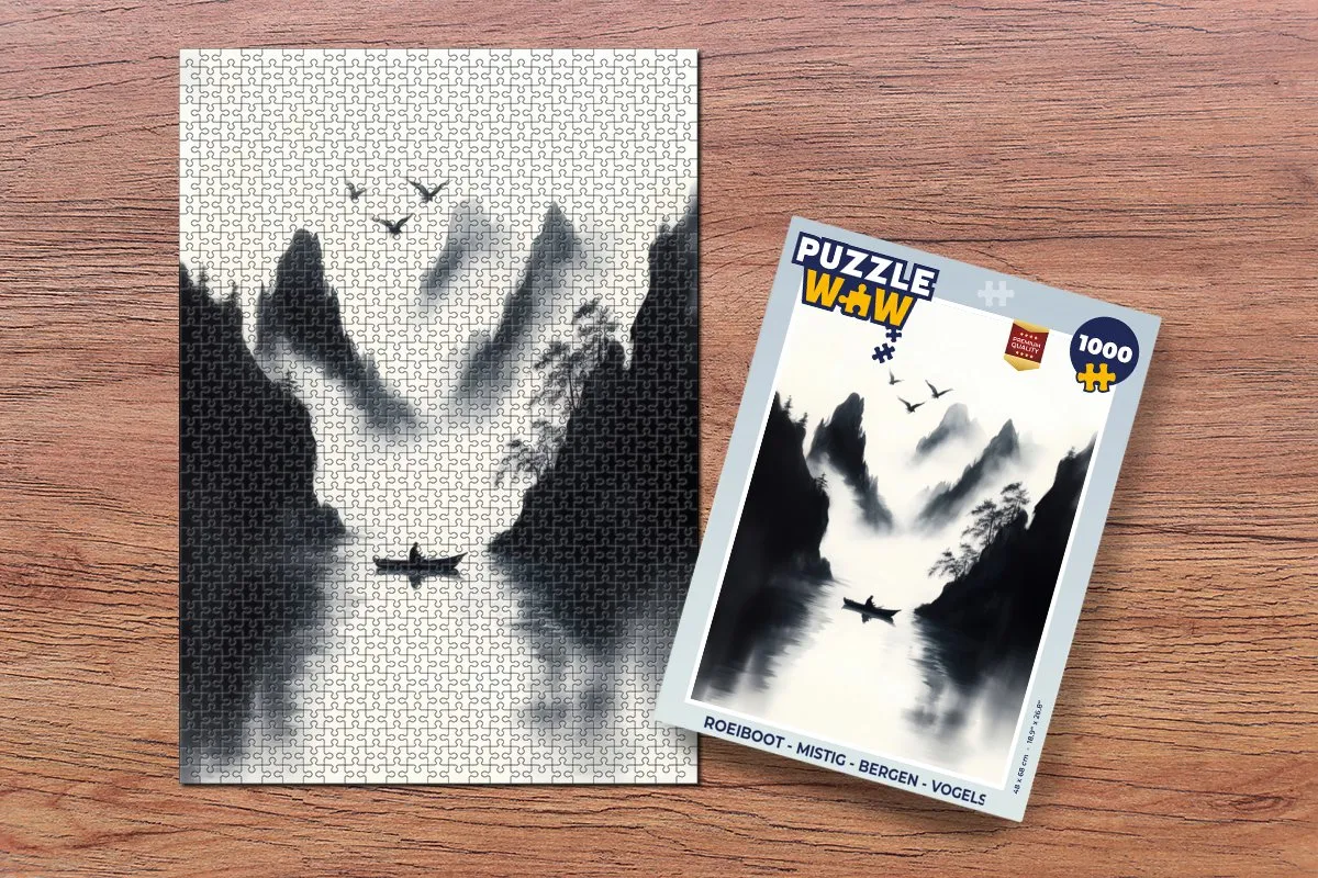 PuzzleWow Roeiboot Mistig Bergen Vogels Legpuzzel 1000 Stukjes